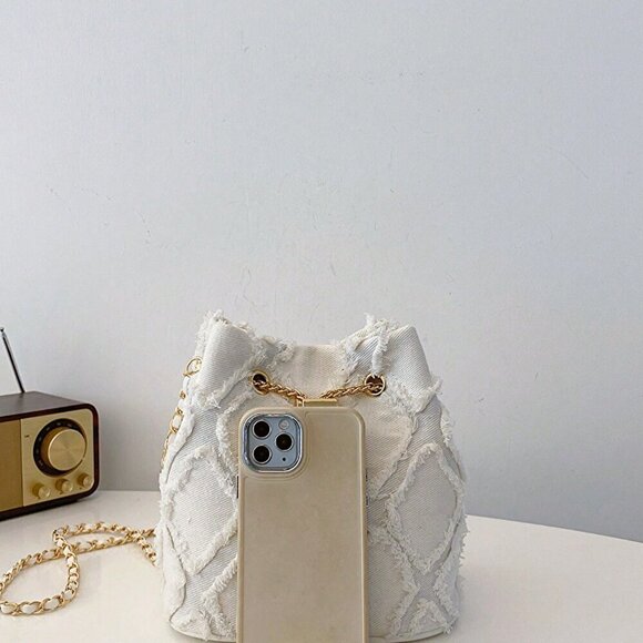 White Casual Women's Rhinestone Lattice Shoulder Bucket Bag - Picture 6 of 6